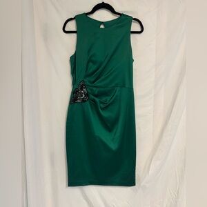 Xscape Green Satin Mini Cocktail Dress with Black Sequin Accent
